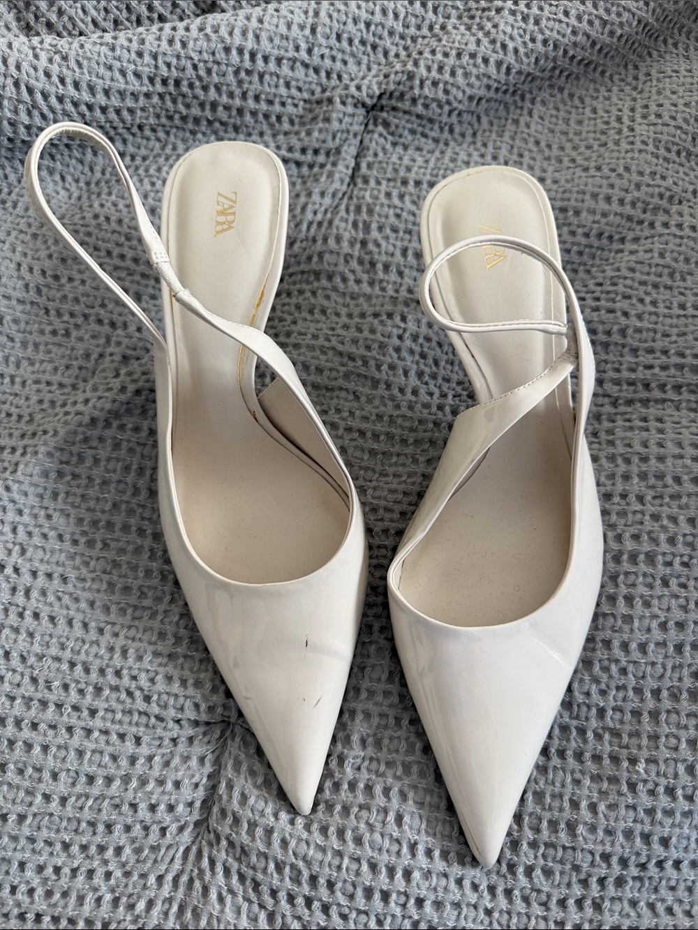 Zara White Pointed Slingback Patent Heels